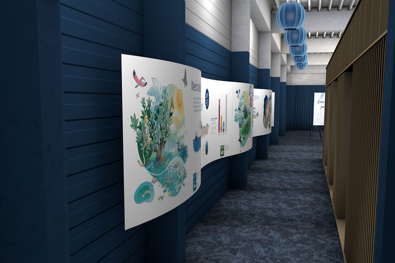 Die wellenförmige Ausstellung vermittelt spannende Informationen und führt zum Treffpunkt und zum Veranstaltungsraum. Visualisierung: Polarstern.